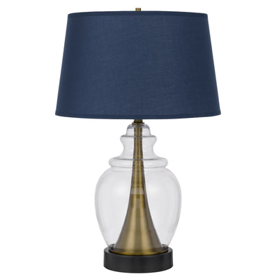 30" Antiqued Brass and Glass Table Lamp With Navy Blue Empire Shade 