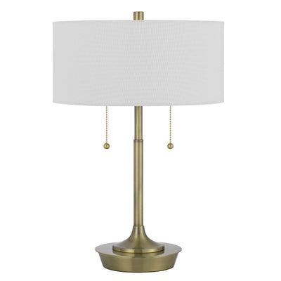 20" Antiqued Brass Metal Two Light Table Lamp With White Drum Shade 