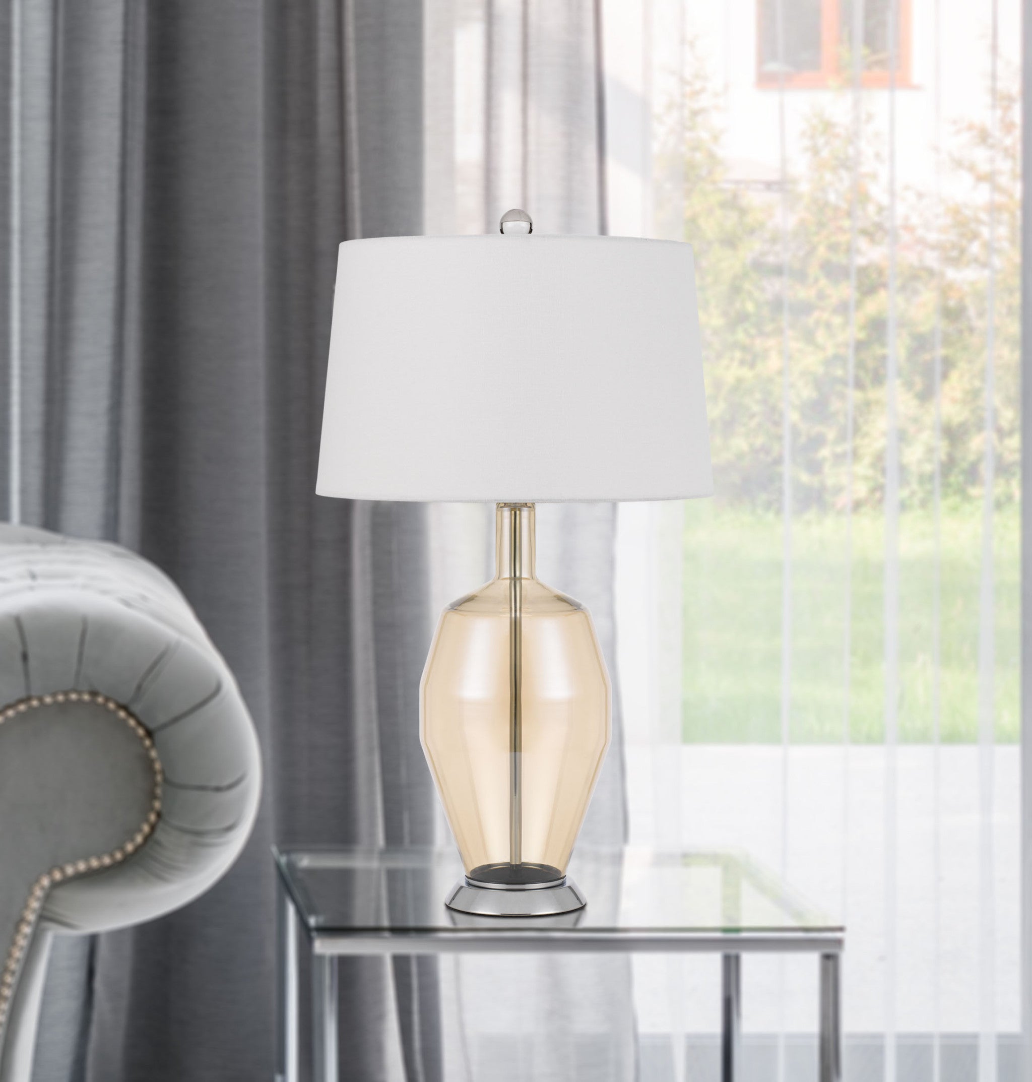 29" Orange Metal Table Lamp With White Drum Shade 