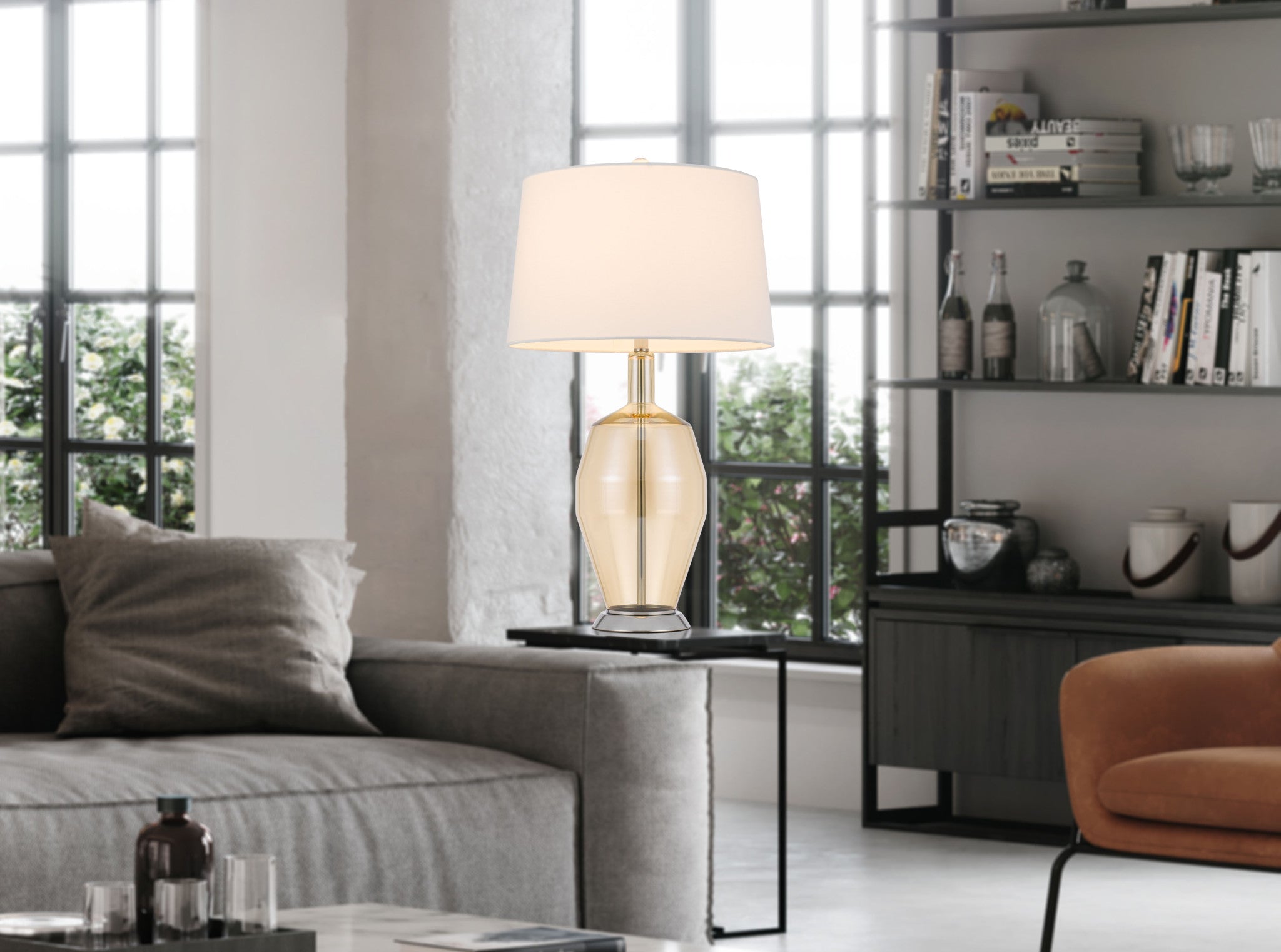 29" Orange Metal Table Lamp With White Drum Shade 