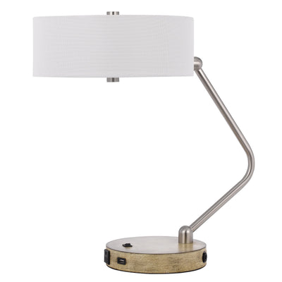 20" Nickel Metal Two Light Desk Usb Table Lamp With White Drum Shade 