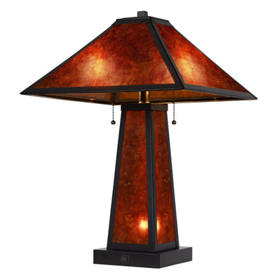 24" Burnt Orange Metal Two Light Table Lamp With Amber Square Shade 