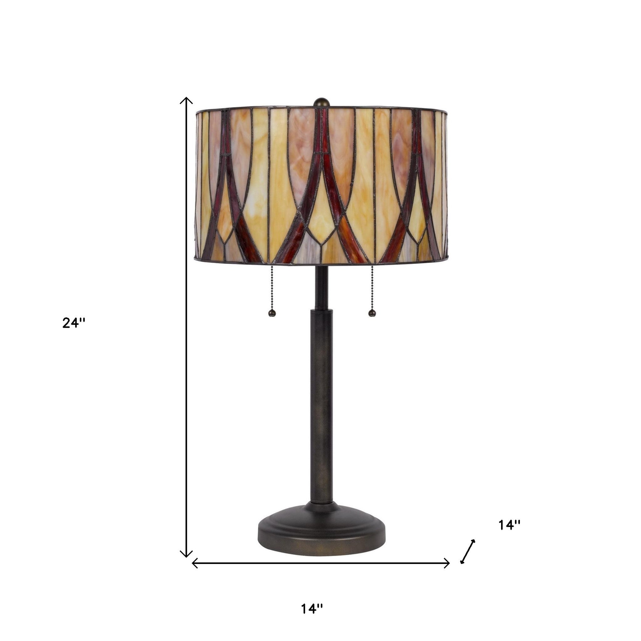 24" Bronze Metal Two Light Table Lamp With Red And Ivory Drum Shade