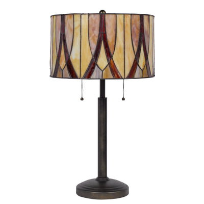 24" Bronze Metal Two Light Table Lamp With Red And Ivory Drum Shade 