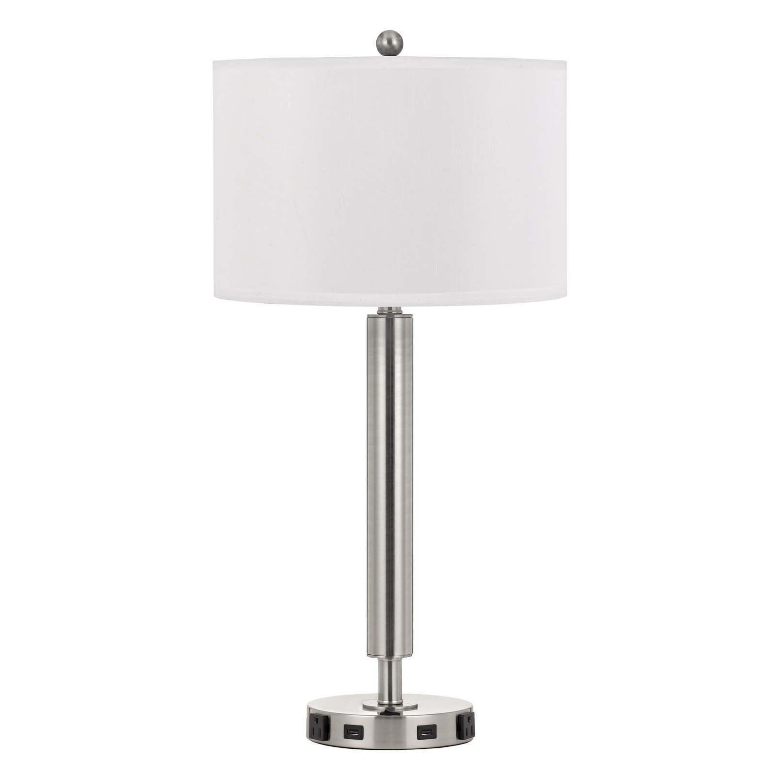 30" Nickel Metal Usb Table Lamp With White Drum Shade