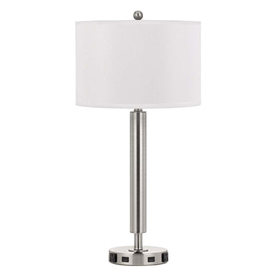 30" Nickel Metal Usb Table Lamp With White Drum Shade 