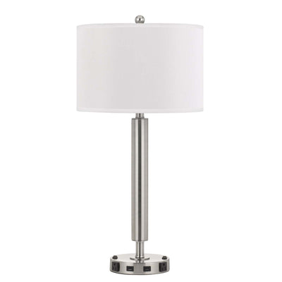 30" Nickel Metal Two Light Usb Table Lamp With White Drum Shade 
