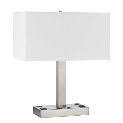 21" Nickel Metal Two Light Desk Usb Table Lamp With White Rectangular Shade 