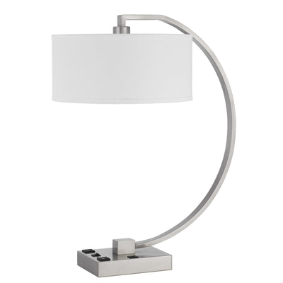 26" Nickel Metal Desk Usb Table Lamp With White Rectangular Shade 