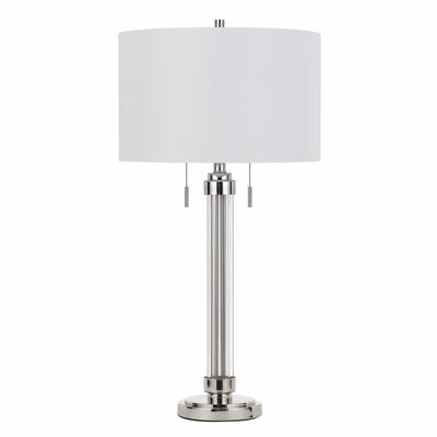 31" Silver Metallic Metal Two Light Table Lamp With White Drum Shade 