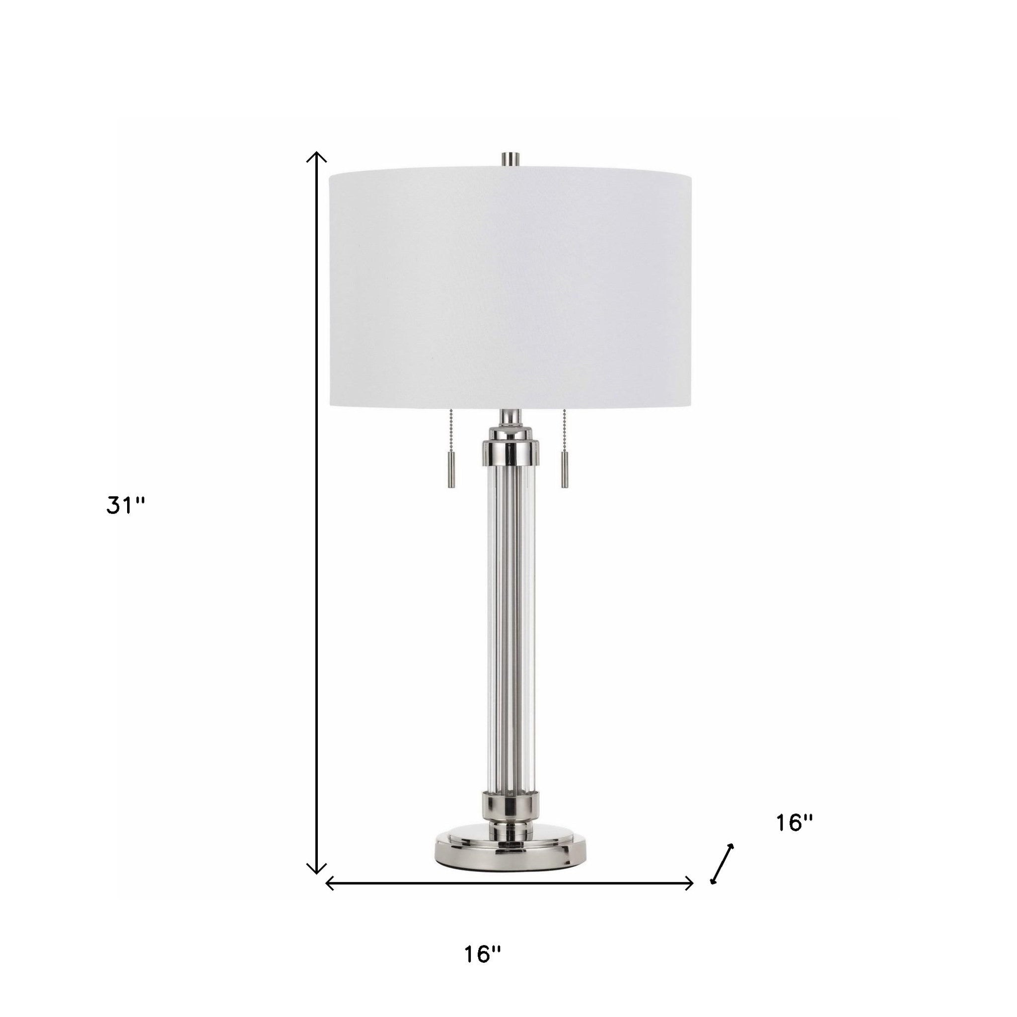 31" Silver Metallic Metal Two Light Table Lamp With White Drum Shade