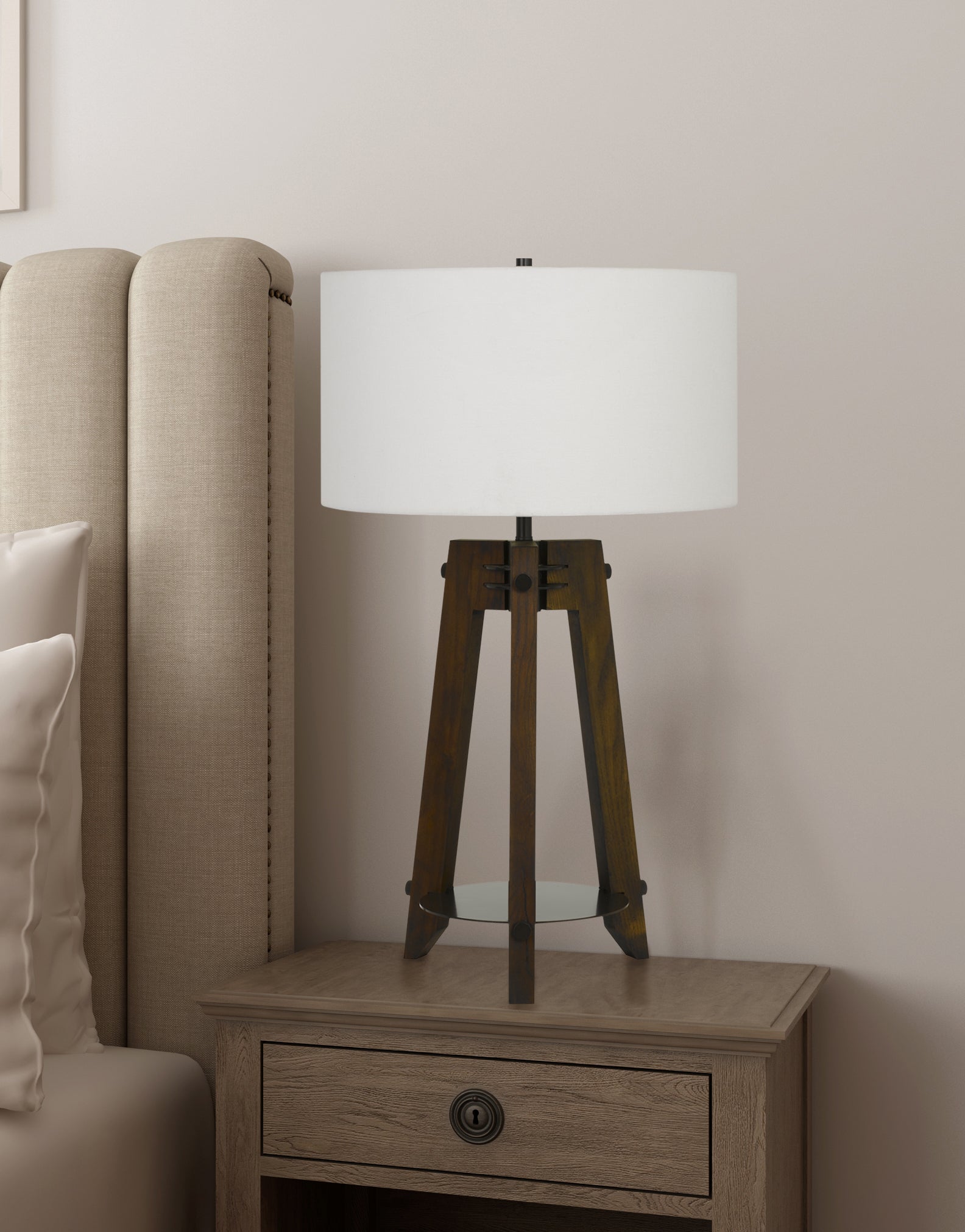 32" Brown Metal Table Lamp With Off White Drum Shade