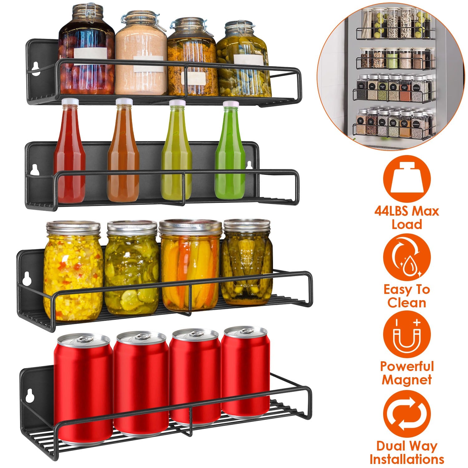 4Pack Strong Magnetic Spice Rack Organizer Fridge Storage Shelf for Jars Seasoning Tins Utensils Space Saver Holder for Refrigerator Microwave