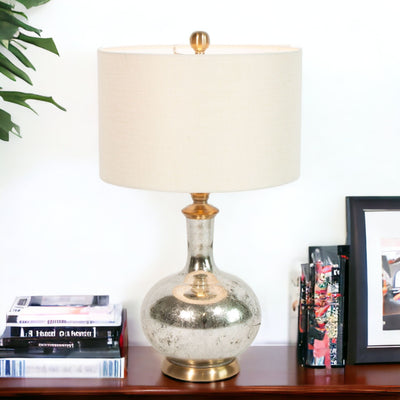 27" Silver Metallic Glass LED Table Lamp With Ivory Drum Shade 