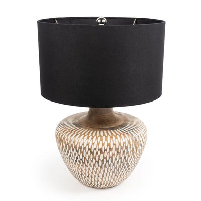 24" Brown Solid Wood LED Table Lamp With Black Drum Shade 