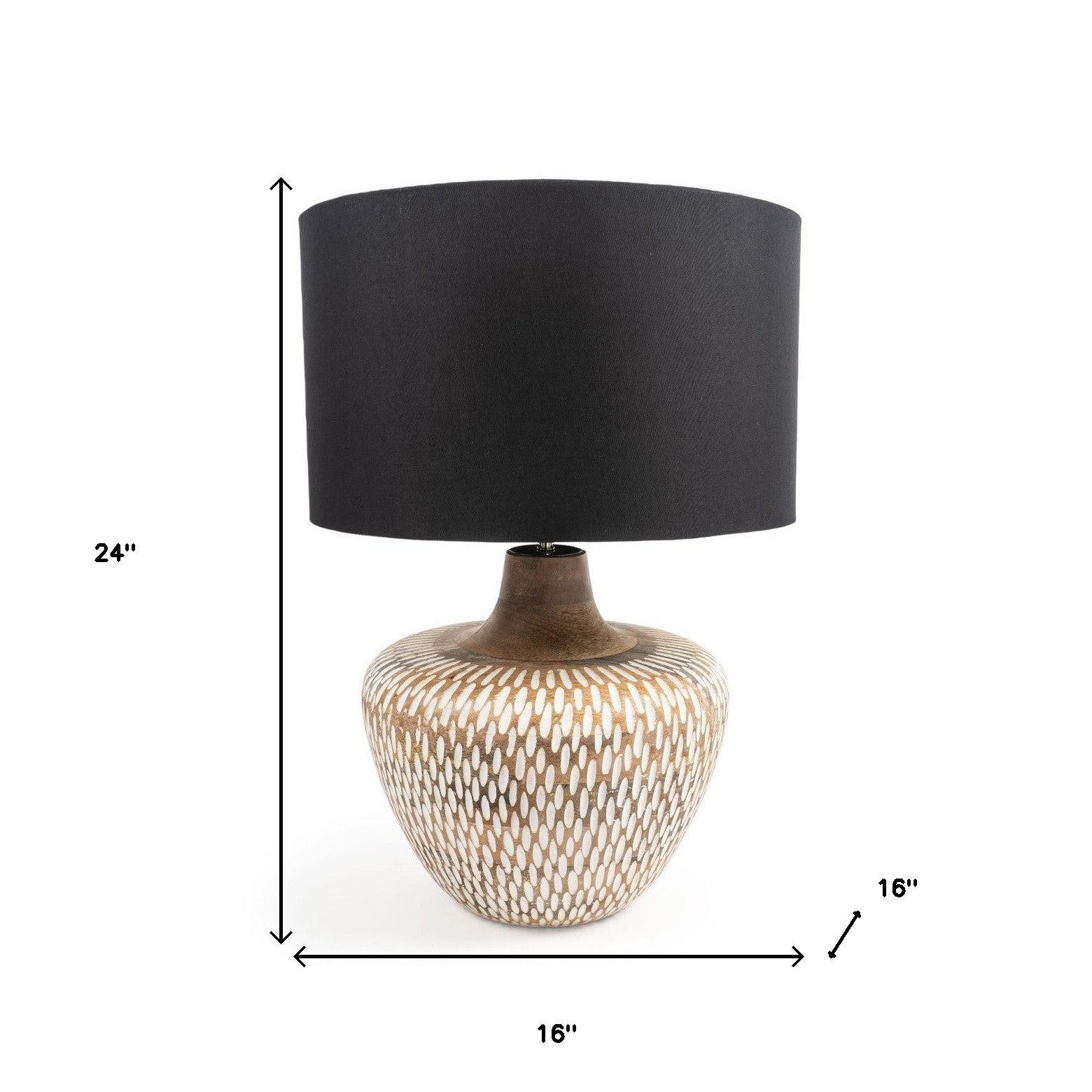 24" Brown Solid Wood LED Table Lamp With Black Drum Shade