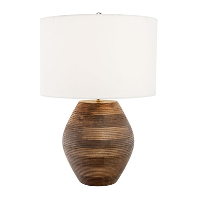23" Brown Solid Wood LED Table Lamp With White Drum Shade 