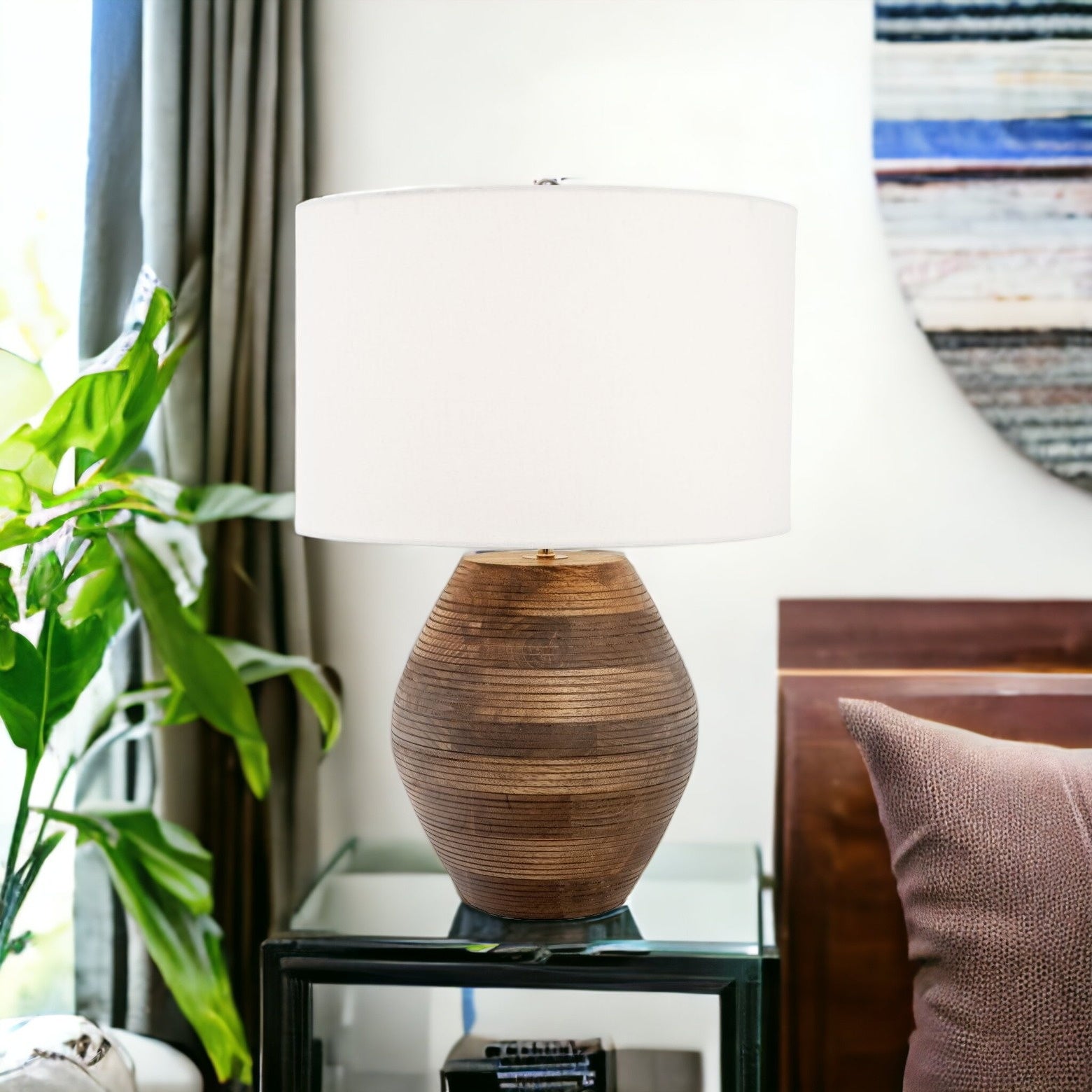 23" Brown Solid Wood LED Table Lamp With White Drum Shade