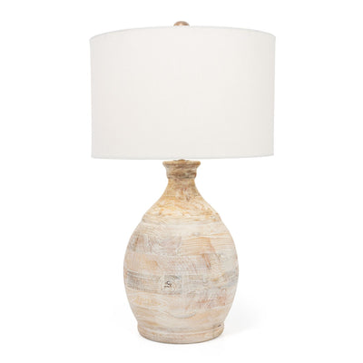 27" Blanched Almond Solid Wood LED Table Lamp With White Drum Shade 