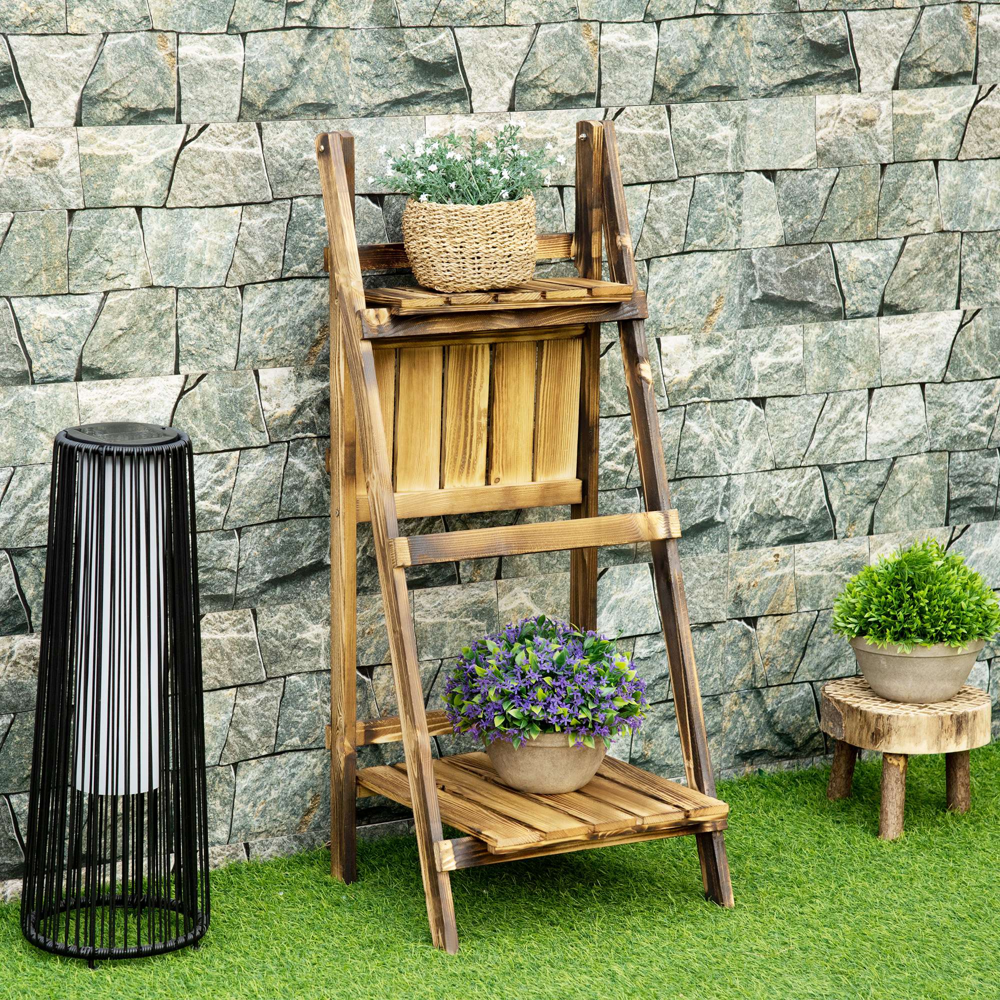 Outsunny Outdoor Plant Stand, Foldable Flower Stand 3-Tier Wooden Plant Shelf for Garden Indoor Outdoor, 16" x 15" x 37'' 