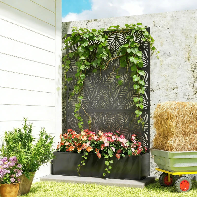 Metal Planter Box with Trellis, 70" Raised Garden Bed with Trellis Privacy Screen for Climbing Plants, Leaves Cut-Out
