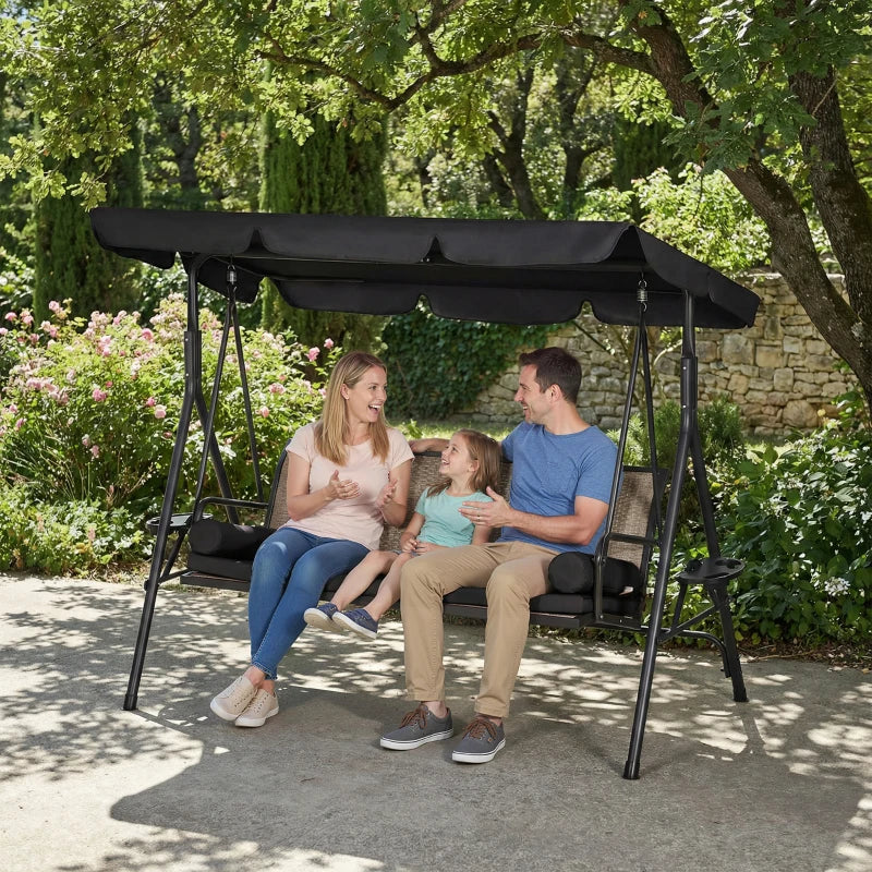 Outdoor 3-Seat Porch Swing with Canopy, Rattan Seat, Removable Cushion, Pillows and Steel Frame