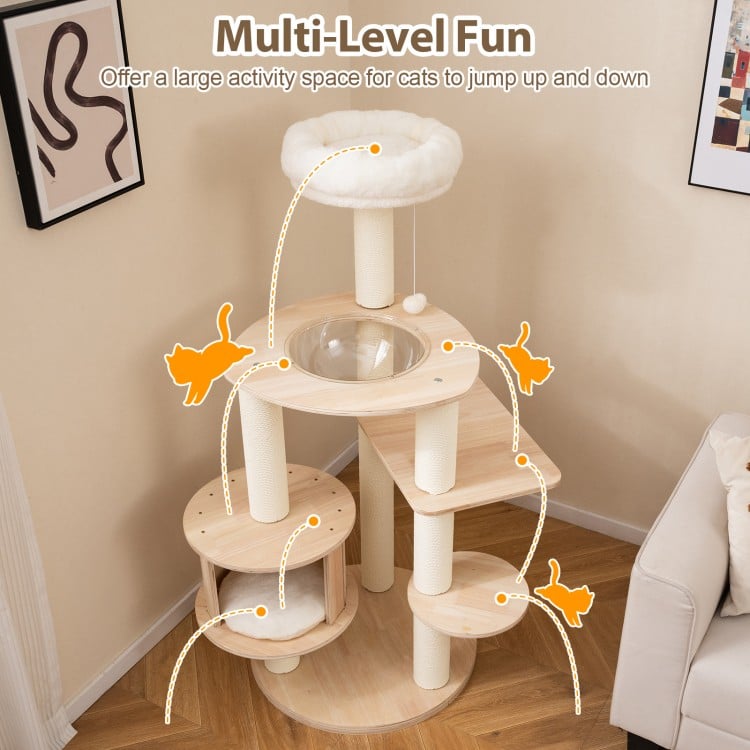 52 Inches Tall Wooden Cat Tree with Washable Plush Cushions and Multi-Level Climbing Stand