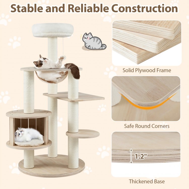 52 Inches Tall Wooden Cat Tree with Washable Plush Cushions and Multi-Level Climbing Stand