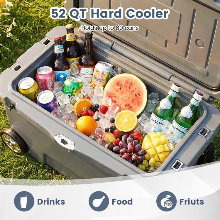 52 Quart Portable Hard Cooler with 6-Day Ice Retention and Wheels-Gray