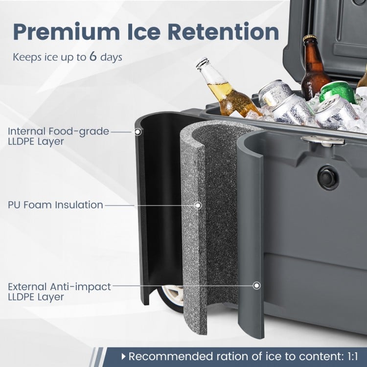 52 Quart Portable Hard Cooler with 6-Day Ice Retention and Wheels-Gray