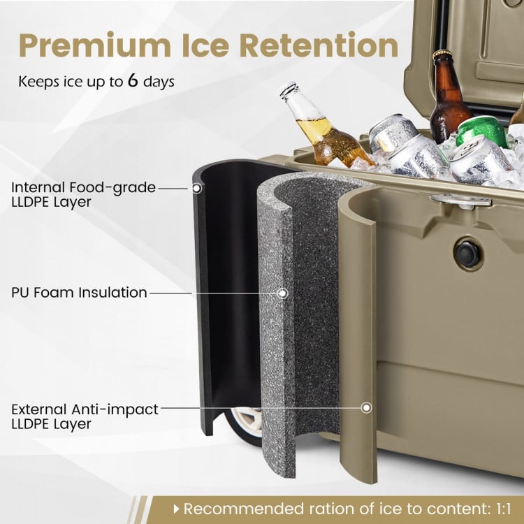 52 Quart Portable Hard Cooler with 6-Day Ice Retention and Wheels-Khaki