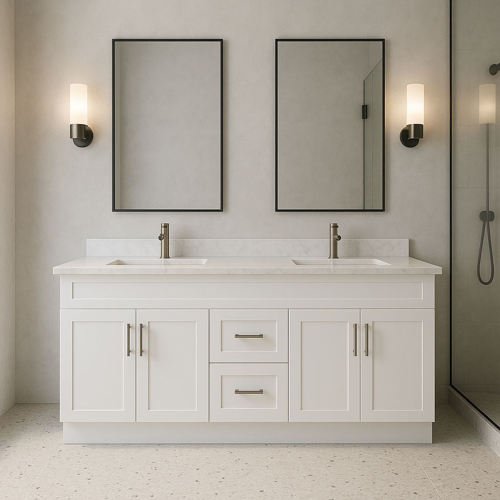 60-Inch Double Sink Shaker Bathroom Vanity — White or Gray | Plywood Cabinet, Solid-Wood Doors, Soft-Close 3-Way Clip-On Hinges | Center Drawers 