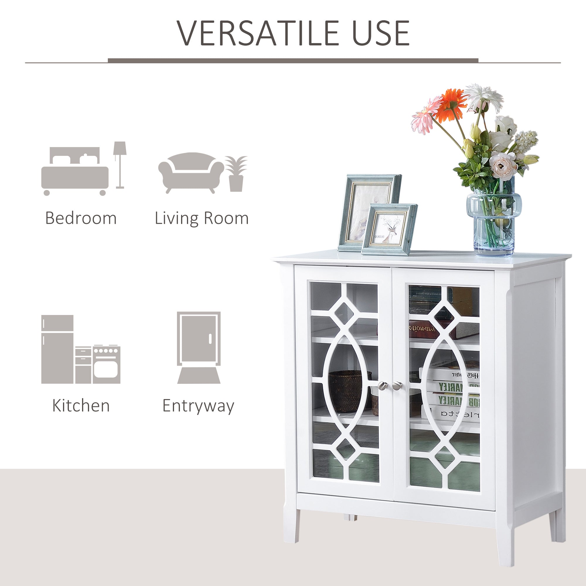 HOMCOM Display Cabinet Sideboard with Glass Doors Adjustable Shelves Elevated Base for Dining Room Living Room White 