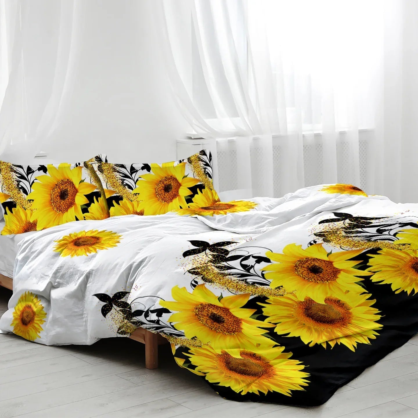 3 Pieces Black And White Background Sunflower Duvet Cover Set Yellow Flower Polyester Bedding Set For Adults Bedroom Decor Twin Full Queen King Size 