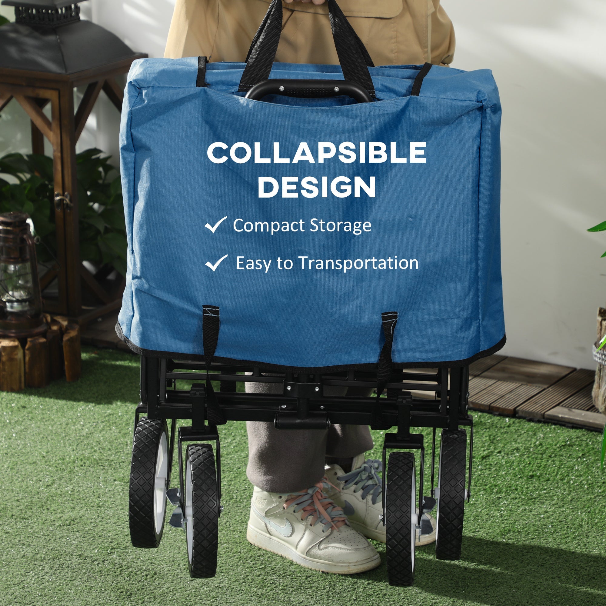 Outsunny Folding Wagon Cart Collapsible Camping Trolley Garden Heavy Duty Shopping Cart with Navy Blue 