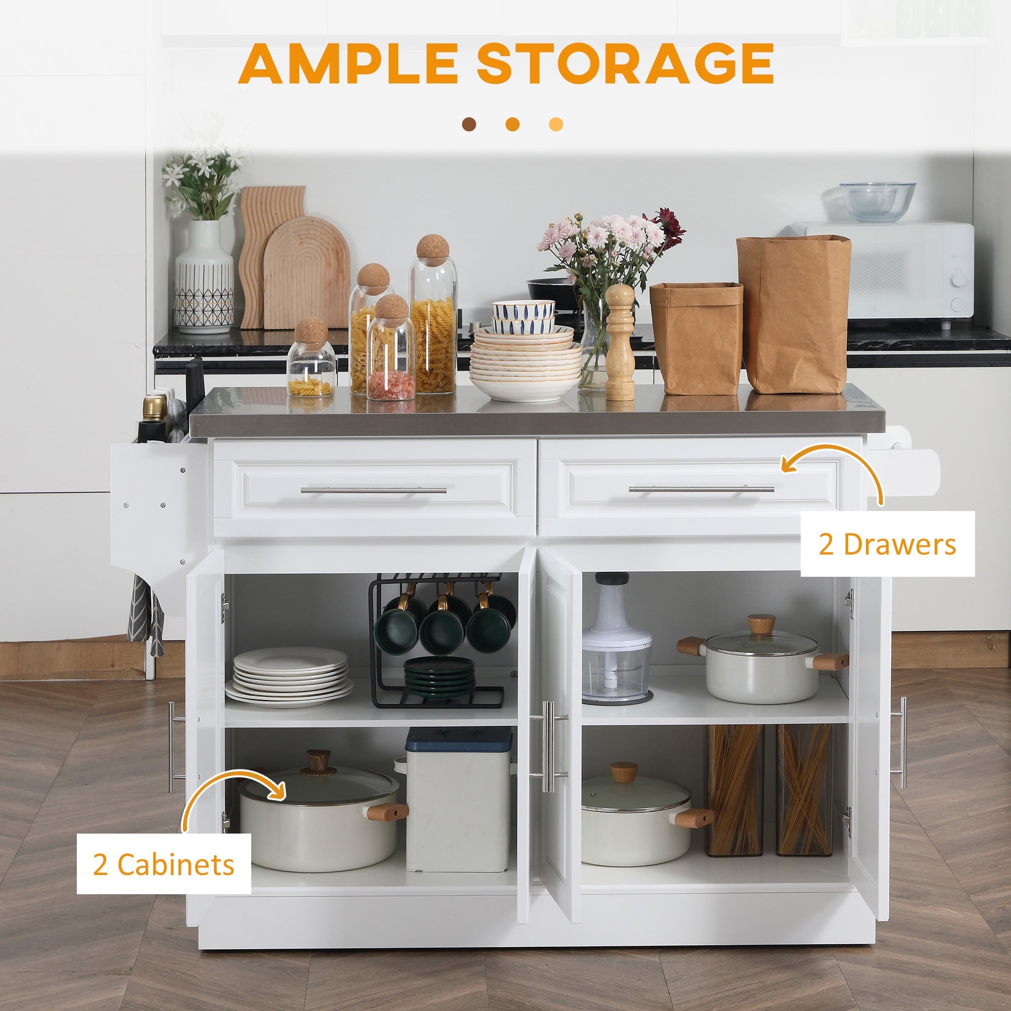 HOMCOM Rolling Kitchen Island with Storage, Portable Kitchen Cart with Stainless Steel Top, 2 Drawers, Spice, Knife and Towel Rack 