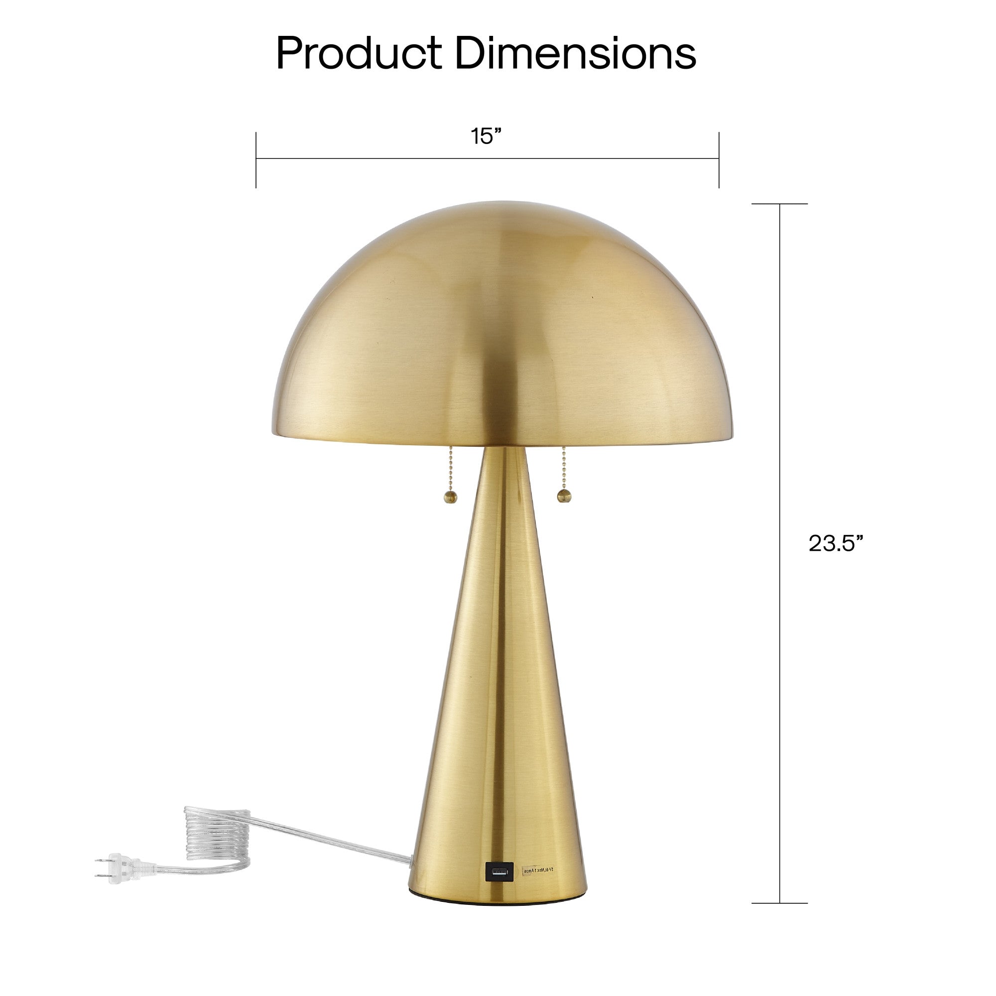 24" Brass Iron USB Table Lamp With Brass Dome Shade