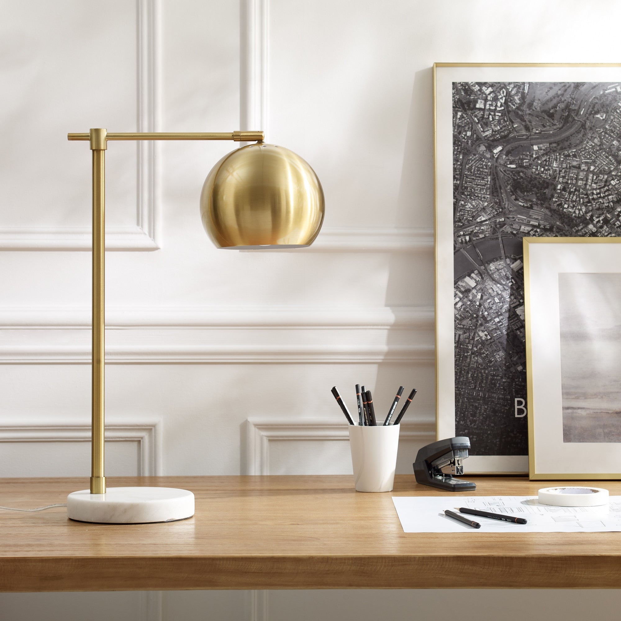 22" Brass Iron Desk Table Lamp With Brass Dome Shade