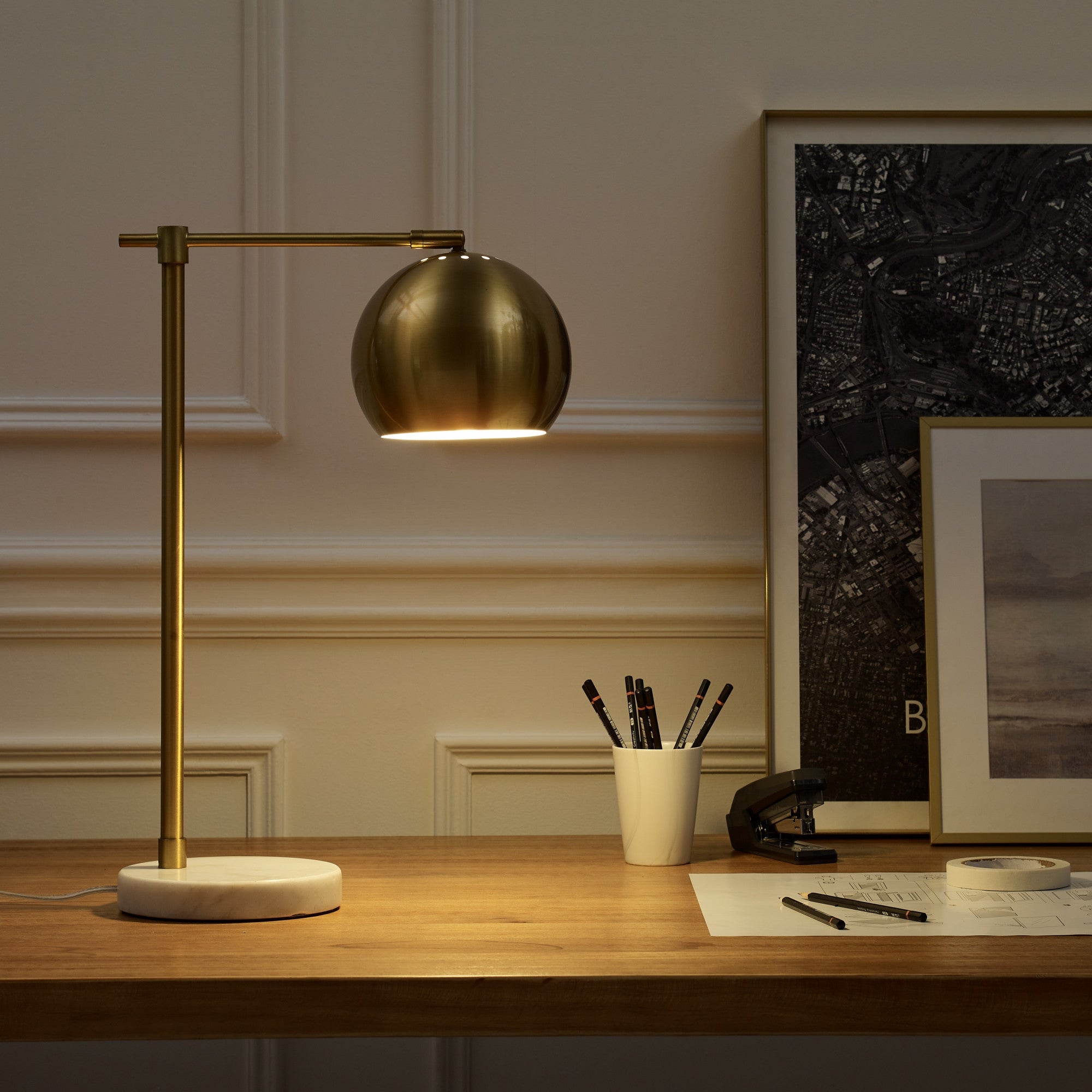 22" Brass Iron Desk Table Lamp With Brass Dome Shade