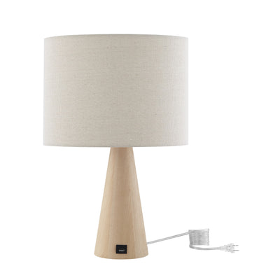 20" Beige Solid Wood USB Table Lamp With Beige Drum Shade 