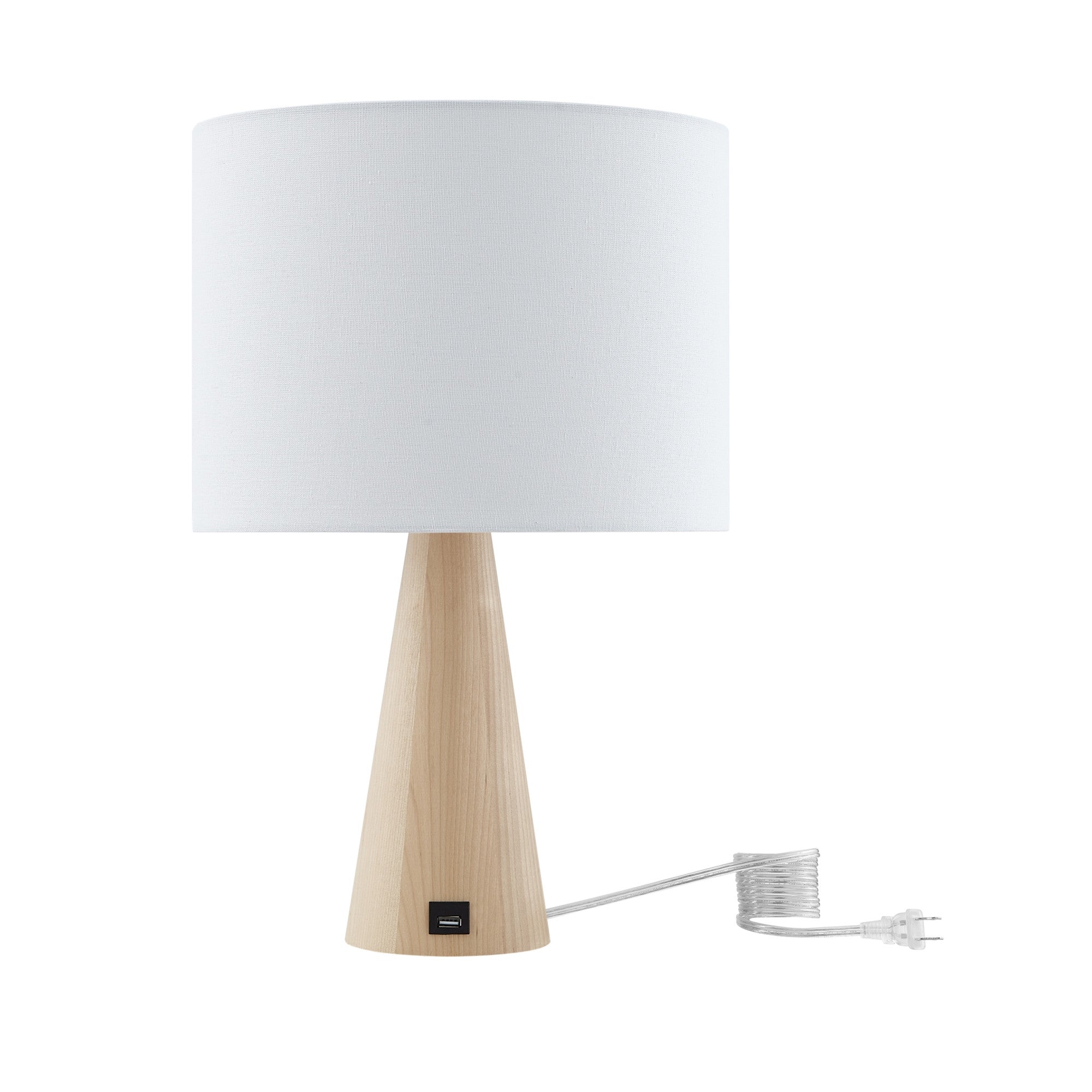 20" White Solid Wood Usb Table Lamp With White Drum Shade