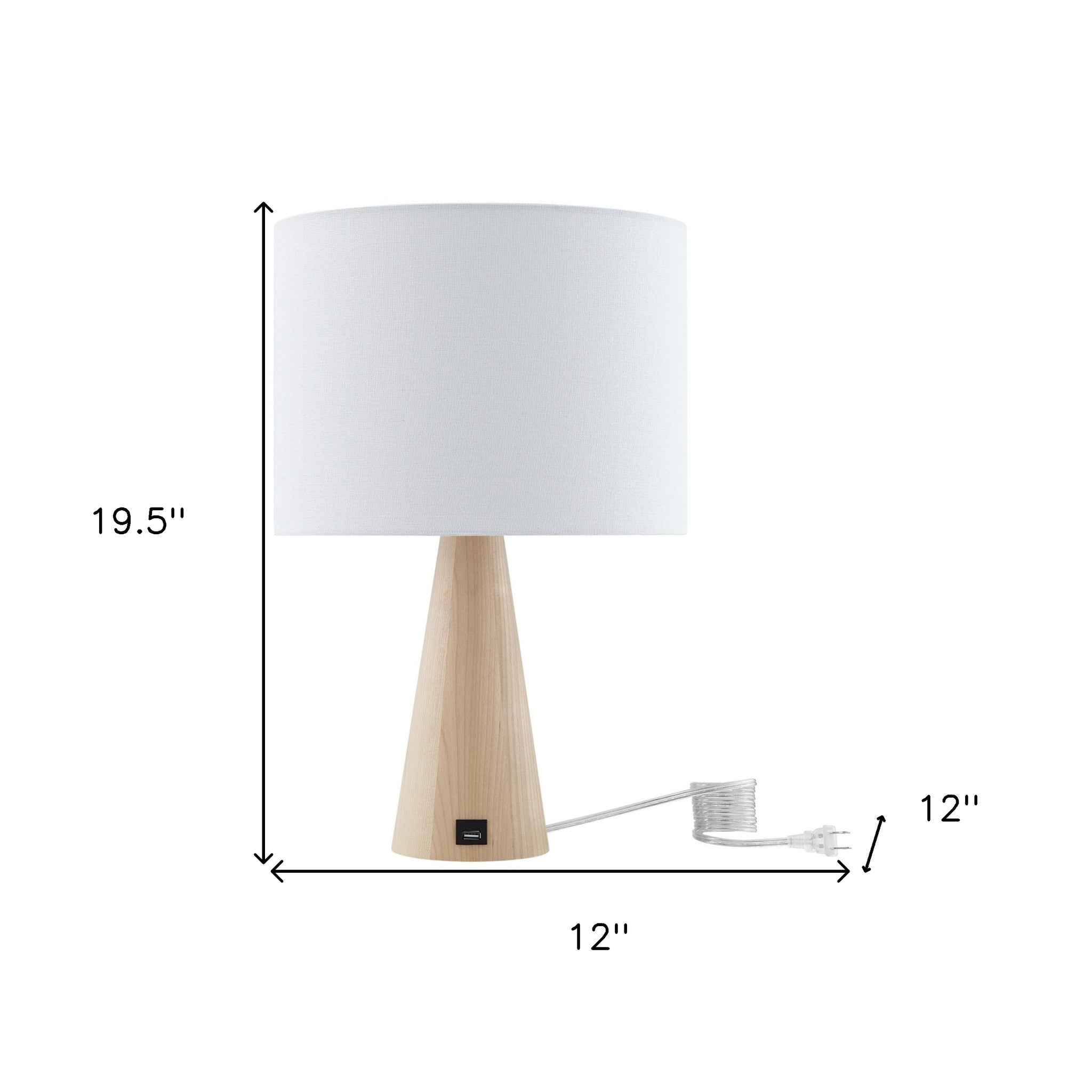 20" White Solid Wood Usb Table Lamp With White Drum Shade