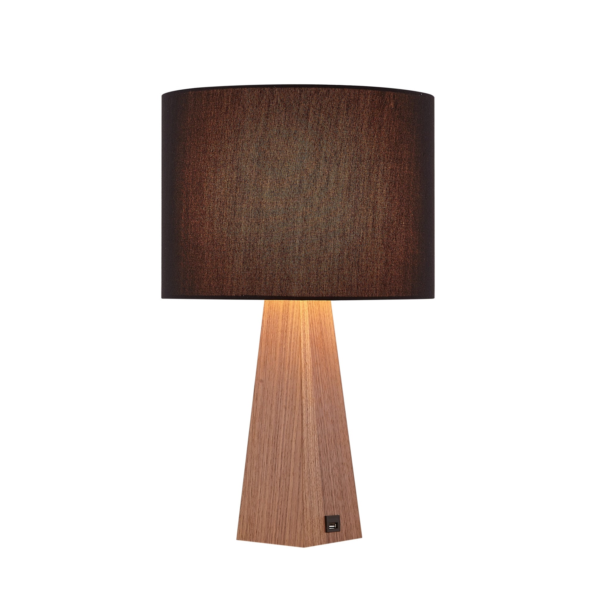 20" Black Solid Wood USB Table Lamp With Black Drum Shade