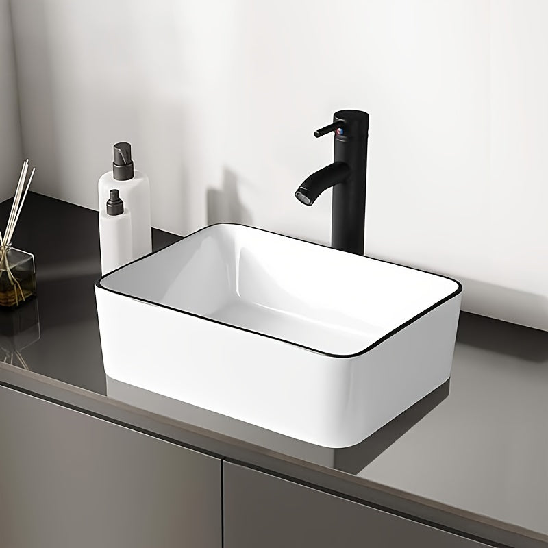Modern Art Rectangular Ceramic Bathroom Sink, 19"x15" Vanity Basin with White Body and Black Trim 