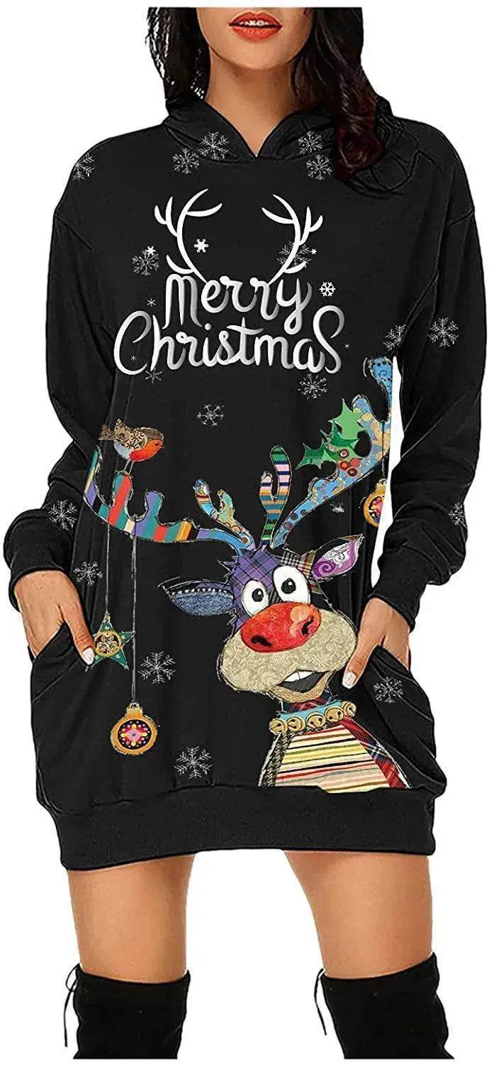 Women's Long-sleeved Christmas Hoodie Sweatshirt Dress Winter 