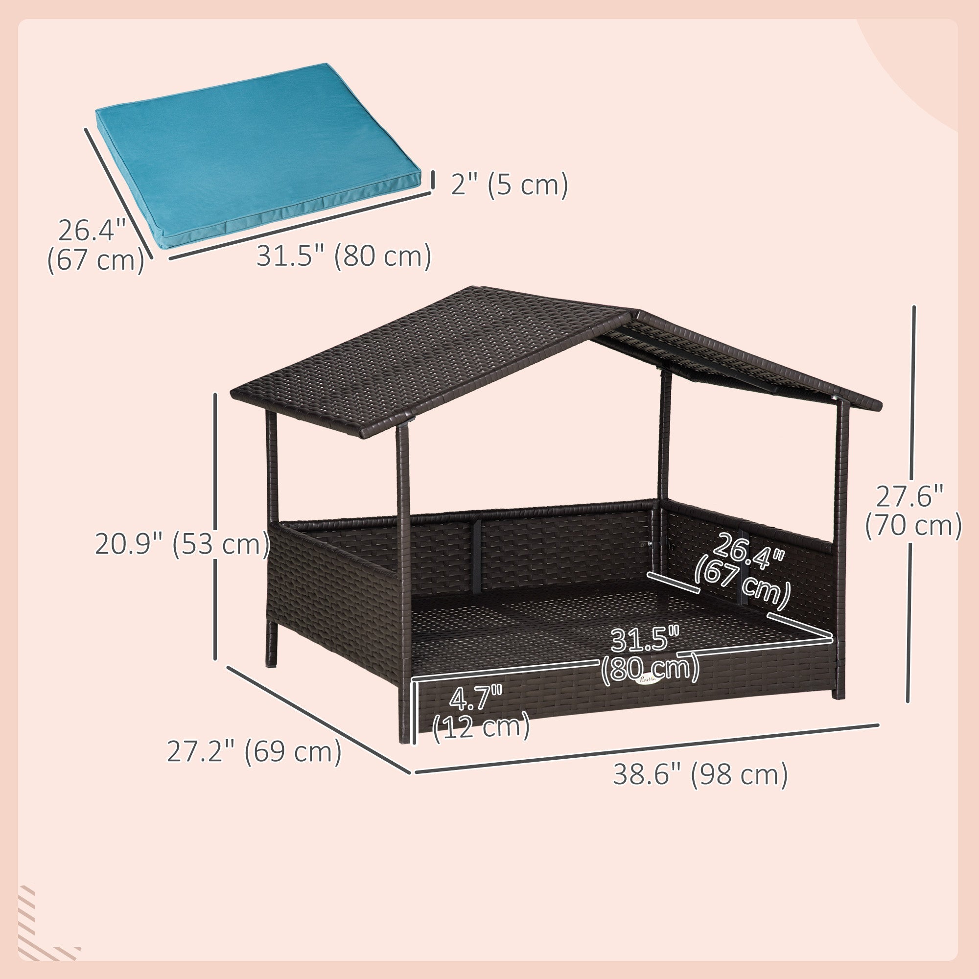 Outsunny PawHut Wicker Dog House Raised Rattan Pet Bed Indoor Outdoor Sofa with Cushion Medium Blue 