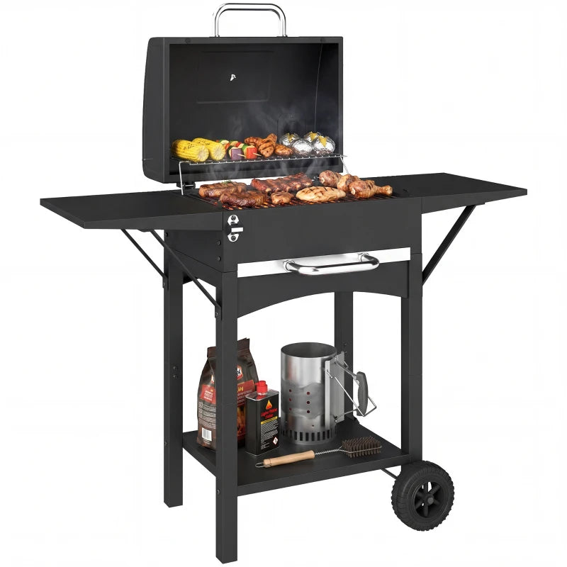 Charcoal Grill with 2 Side Tables, Barbecue Grill with Thermometer and Warming Rack, Wheels, 43.3"x18.3"x39.8", Black