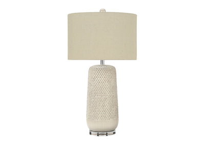 31" Cream Ceramic Geometric Table Lamp With Beige Drum Shade 