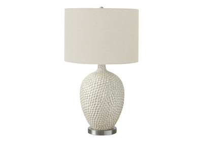 28" White and Silver Ceramic Round Table Lamp With Cream Drum Shade 