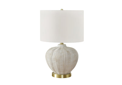 21" Gold and White Urn Table Lamp With Ivory Drum Shade 